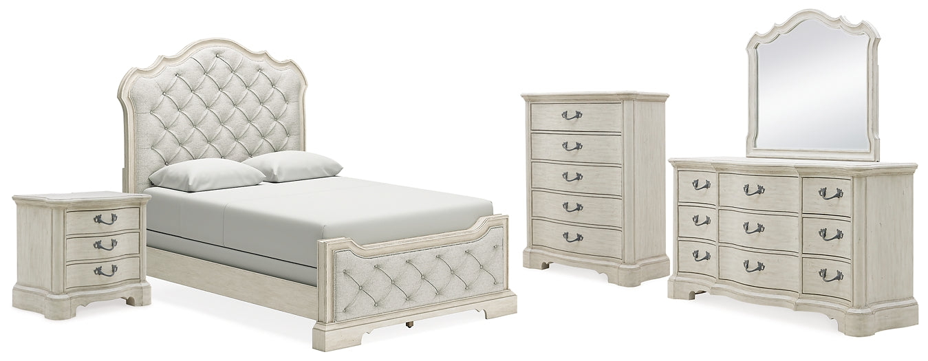 Cama tapizada Arlendyne con cómoda con espejo, cómoda y mesita de noche