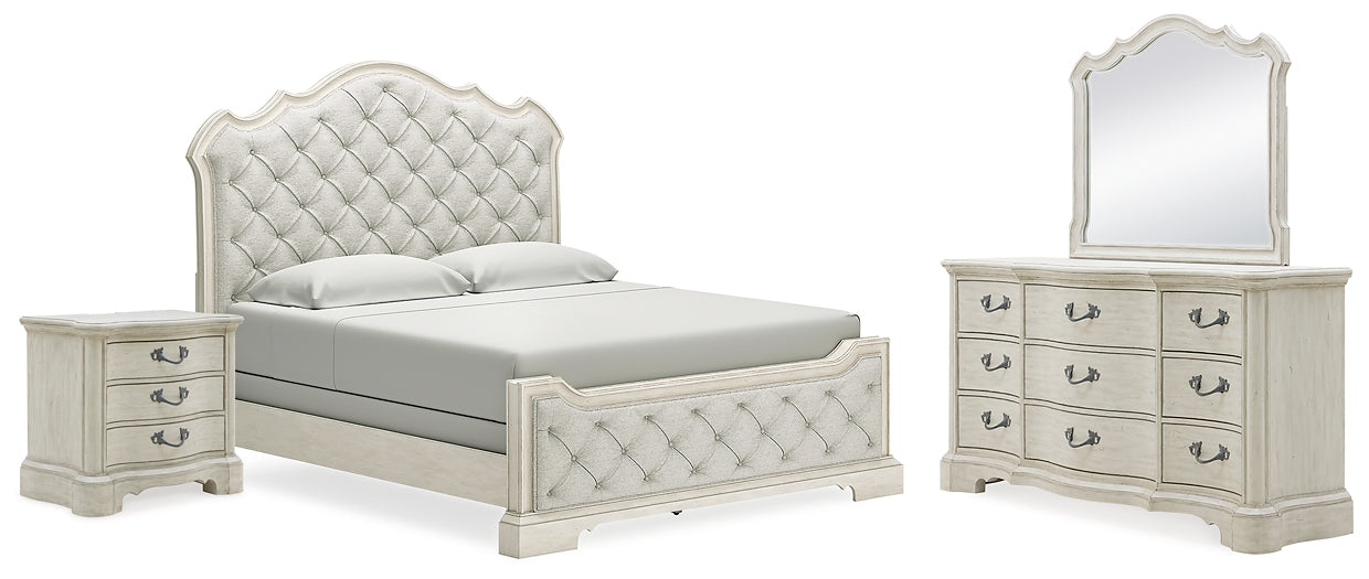 Cama tapizada Arlendyne con tocador con espejo y mesita de noche