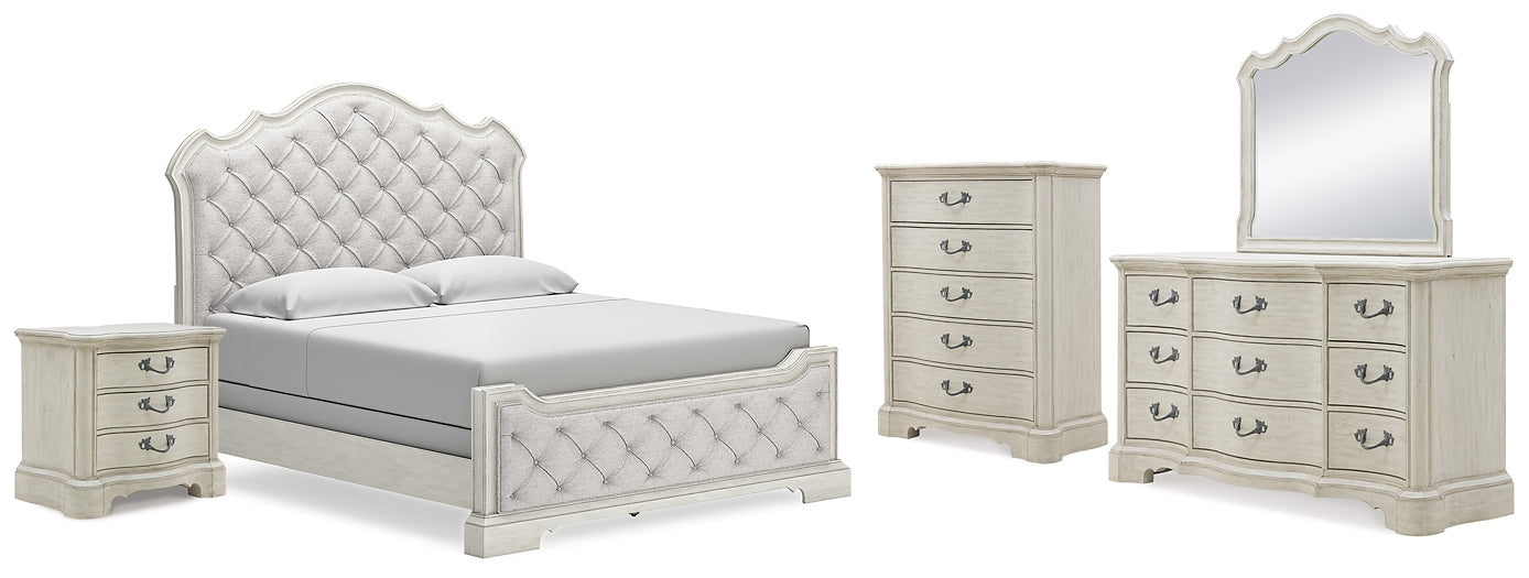 Cama tapizada Arlendyne con cómoda con espejo, cómoda y mesita de noche