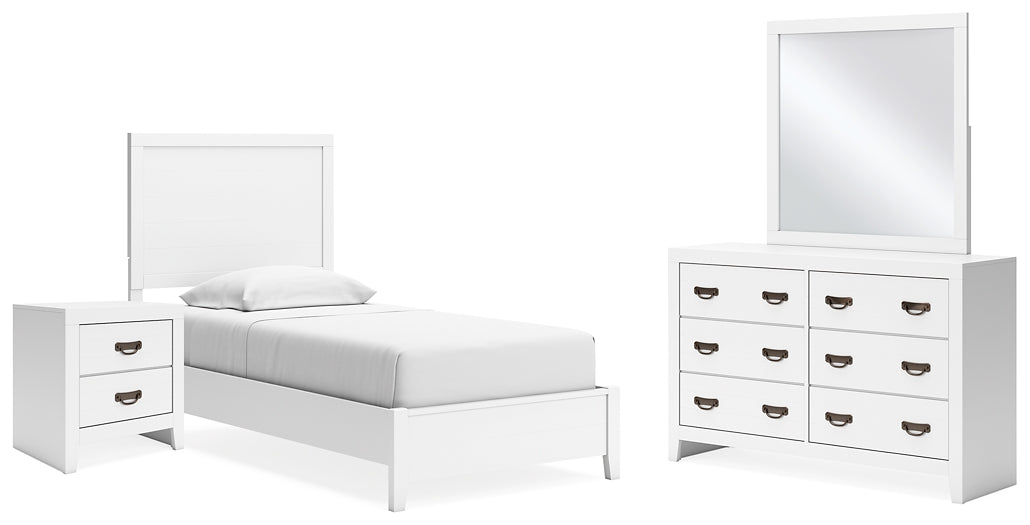 Cama con paneles Binterglen, cómoda con espejo y mesita de noche
