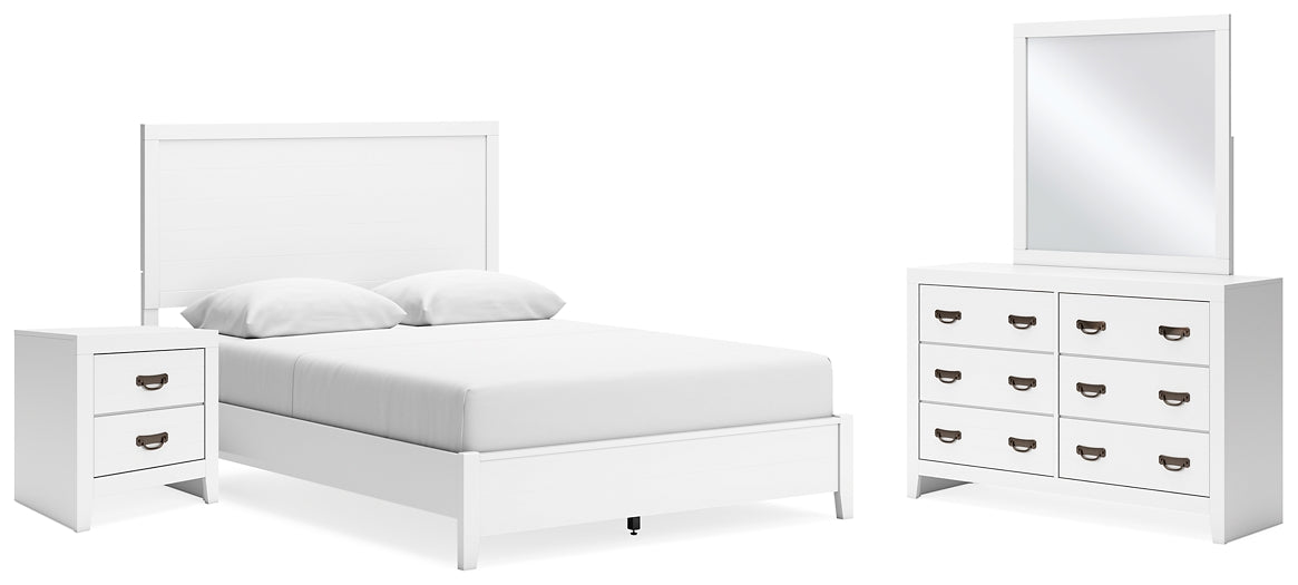 Cama con paneles Binterglen, cómoda con espejo y mesita de noche