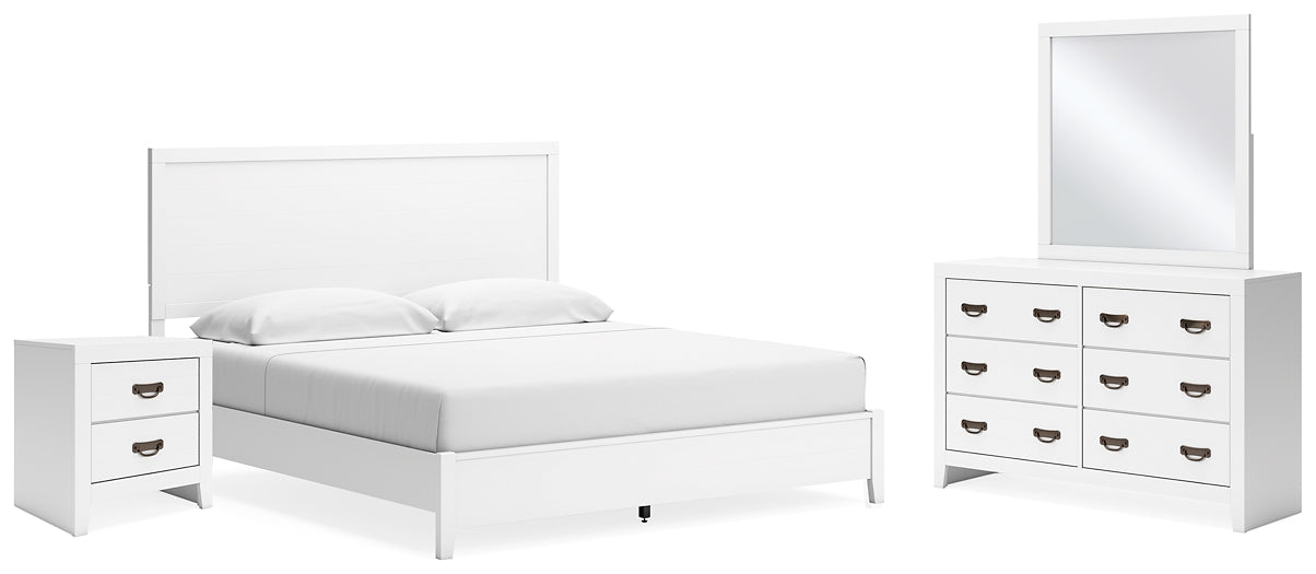 Cama con paneles Binterglen, cómoda con espejo y mesita de noche