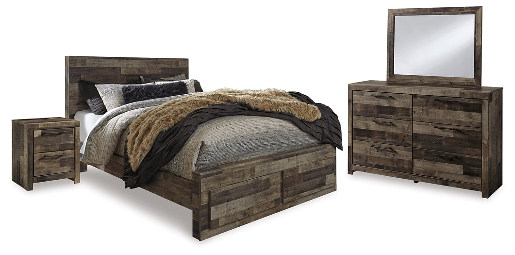 Cama Derekson con dos cajones, cómoda con espejo y mesita de noche
