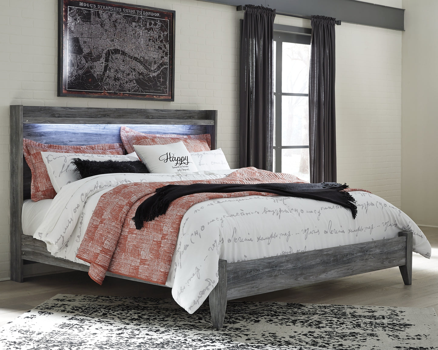 Cama con paneles Baystorm, tocador con espejo y mesita de noche