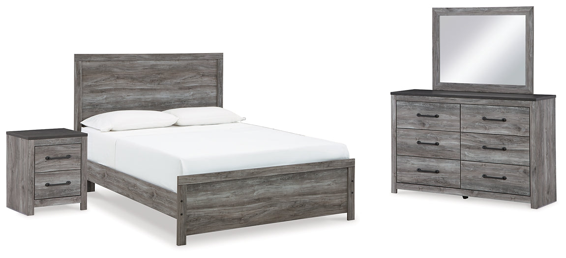 Cama Bronyan con paneles, cómoda con espejo y mesita de noche