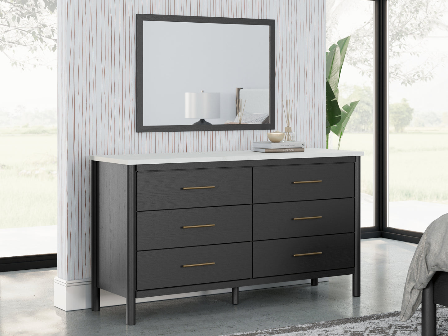 Cama Cadmori tapizada con paneles y cómoda con espejo