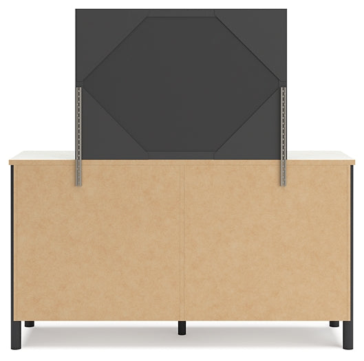 Cama Cadmori tapizada con paneles, cómoda con espejo y mesita de noche