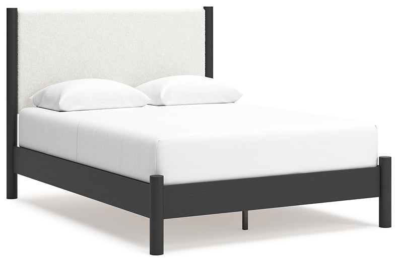 Cama Cadmori tapizada con paneles, cómoda con espejo y mesita de noche