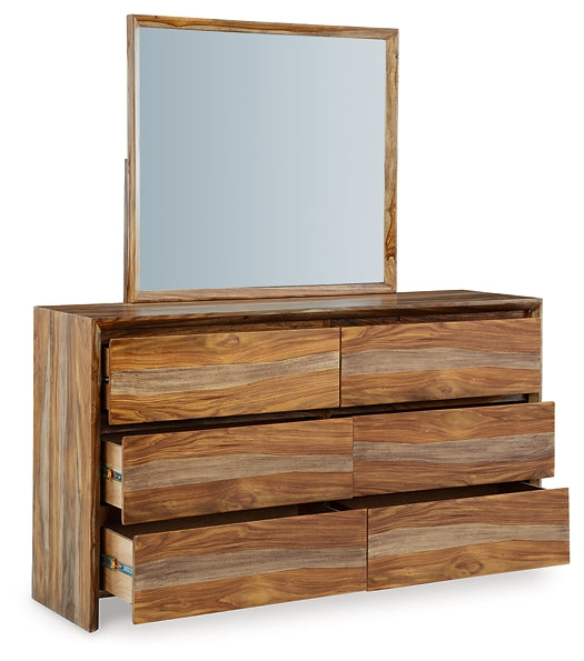 Cama con paneles California de Dressonni y tocador con espejo