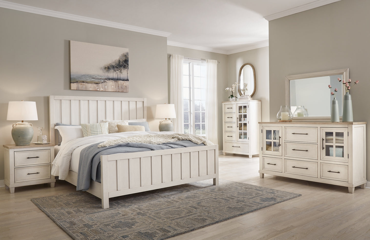 Cama Shaybrock California con paneles y tocador con espejo