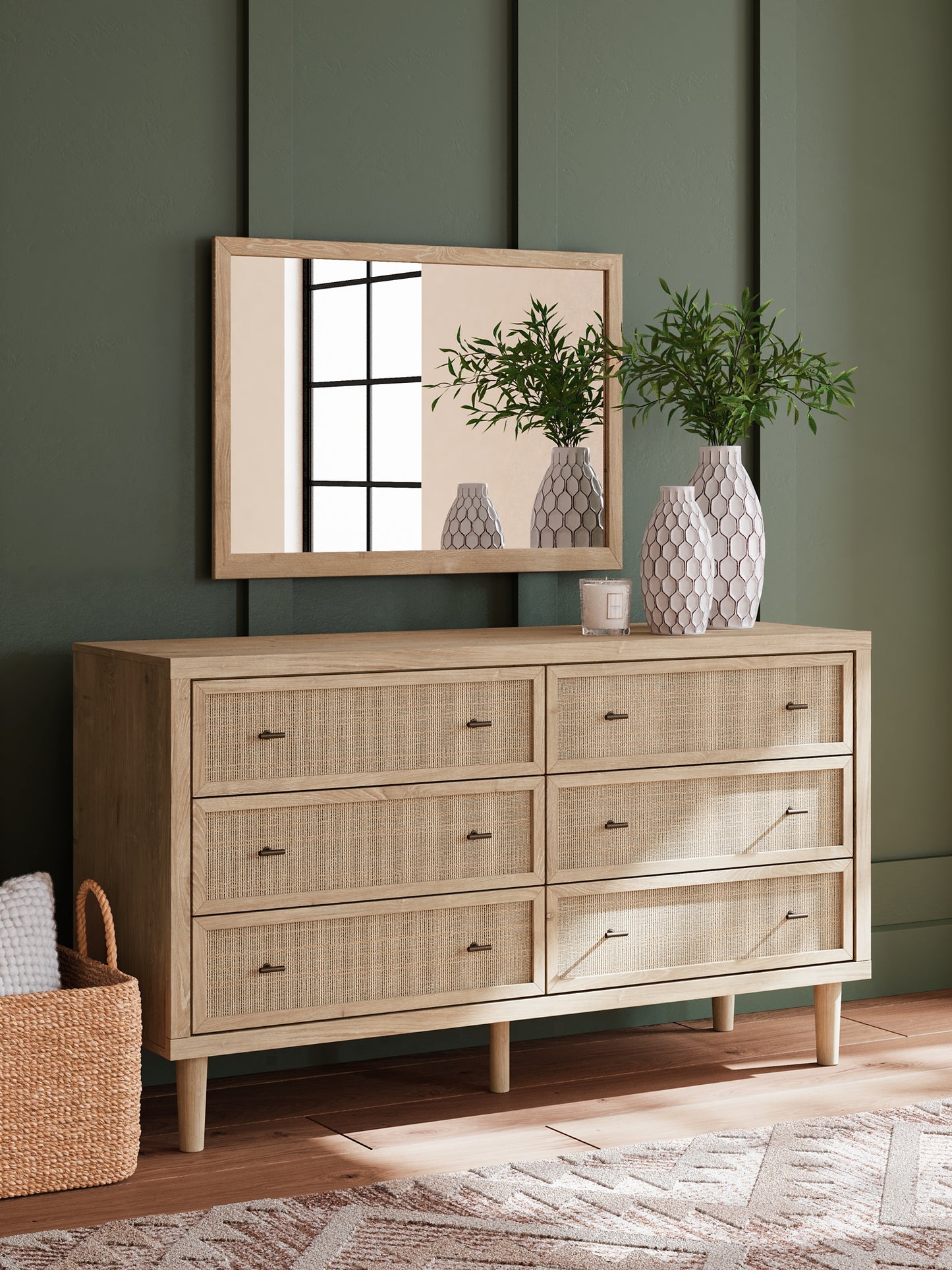 Cielden Panel Headboard With Mirrored Dresser