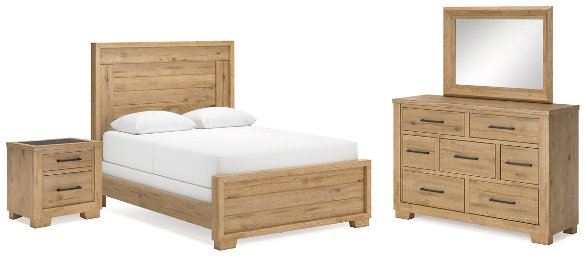 Cama con paneles Galliden, cómoda con espejo y mesita de noche