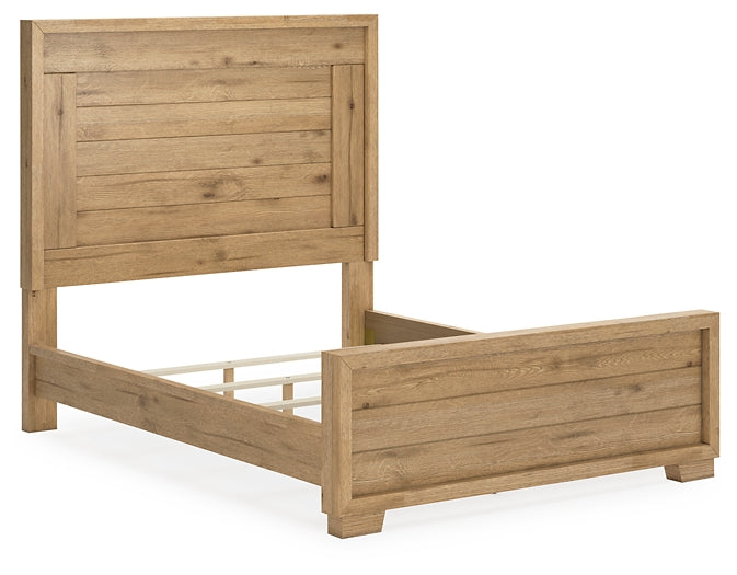 Cama con paneles Galliden, cómoda con espejo y mesita de noche