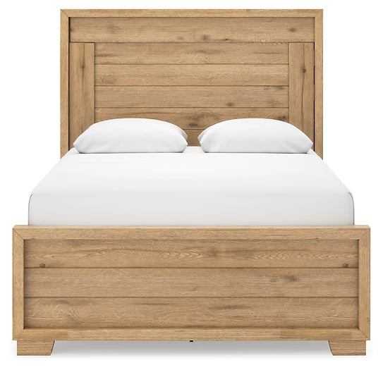 Cama con paneles Galliden, cómoda con espejo y mesita de noche