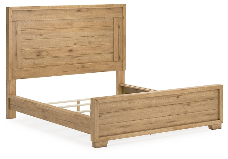 Cama con paneles California de Galliden y tocador con espejo