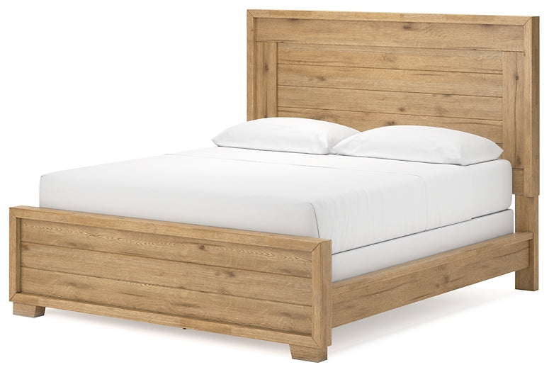 Cama con paneles California de Galliden y tocador con espejo