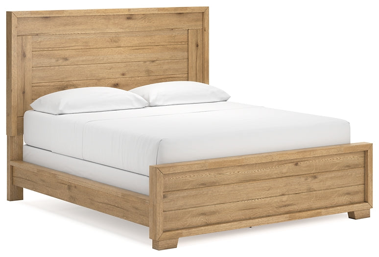 Cama con paneles California de Galliden, cómoda con espejo y mesita de noche