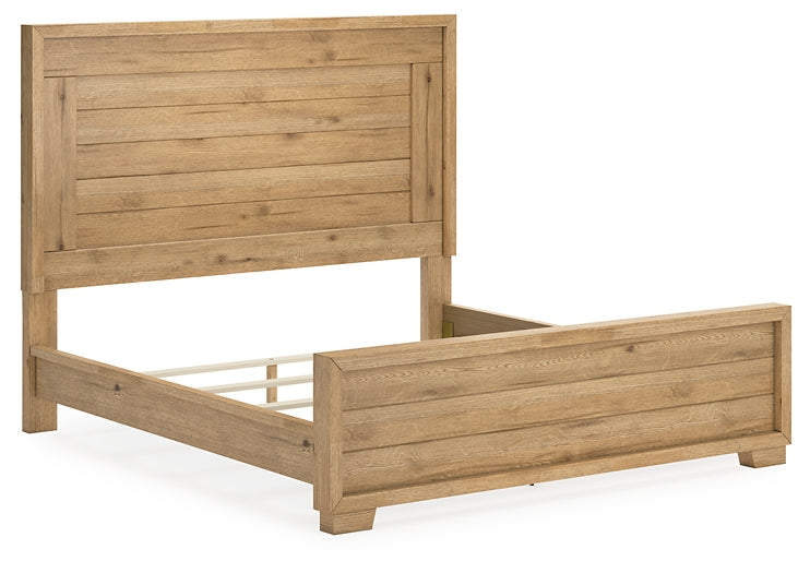 Cama con paneles Galliden, cómoda con espejo y mesita de noche