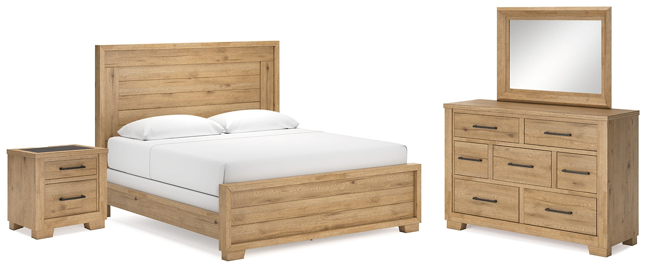 Cama con paneles Galliden, cómoda con espejo y mesita de noche