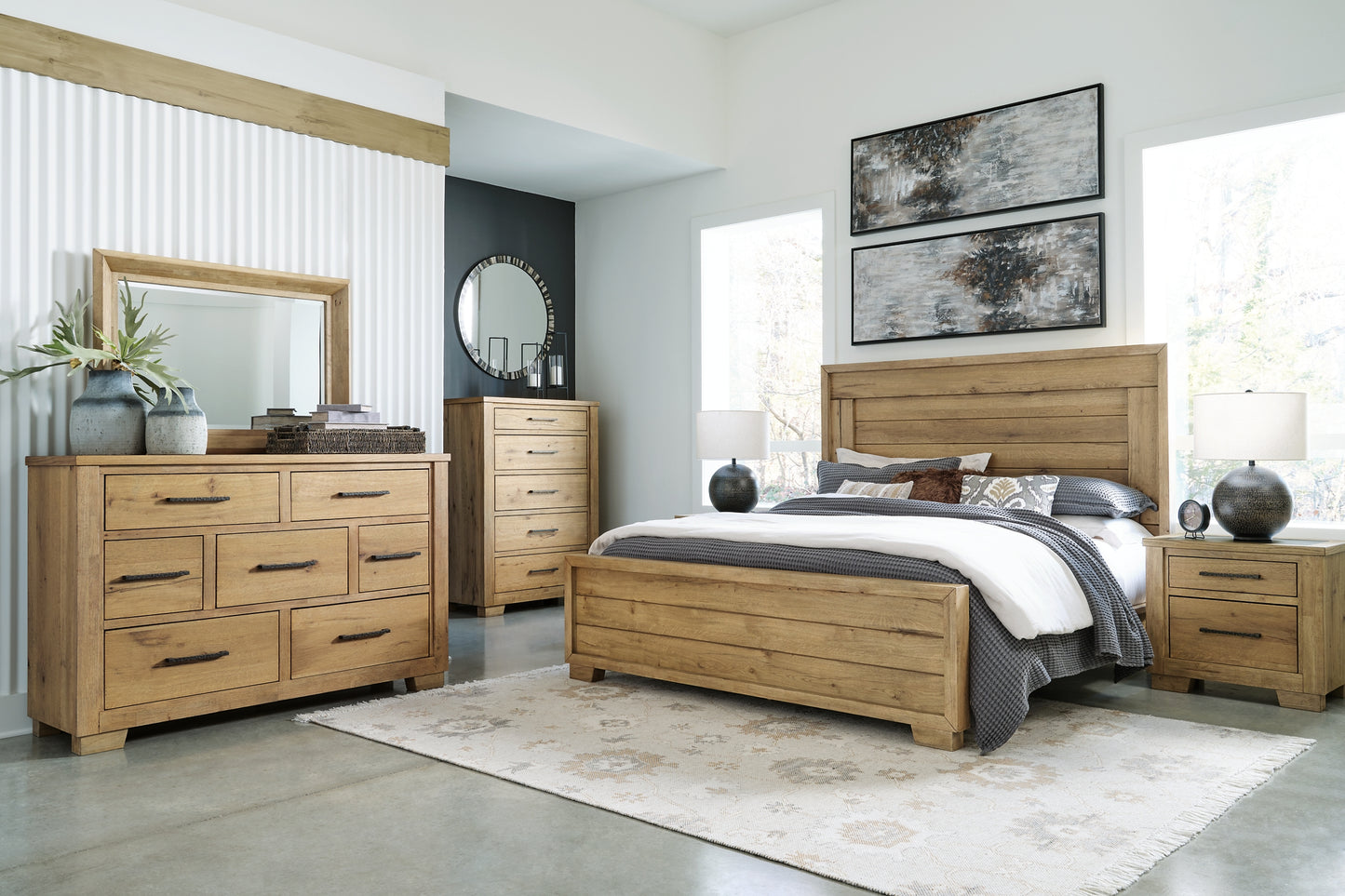 Cama con paneles Galliden, cómoda con espejo y mesita de noche