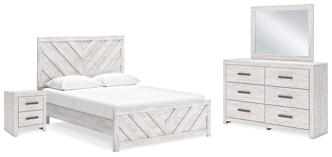 Cama Cayboni con paneles, cómoda con espejo y mesita de noche