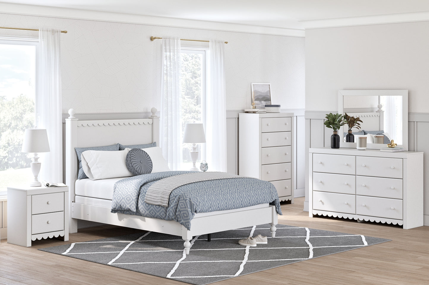 Mollviney Panel Bed With Mirrored Dresser And Nightstand