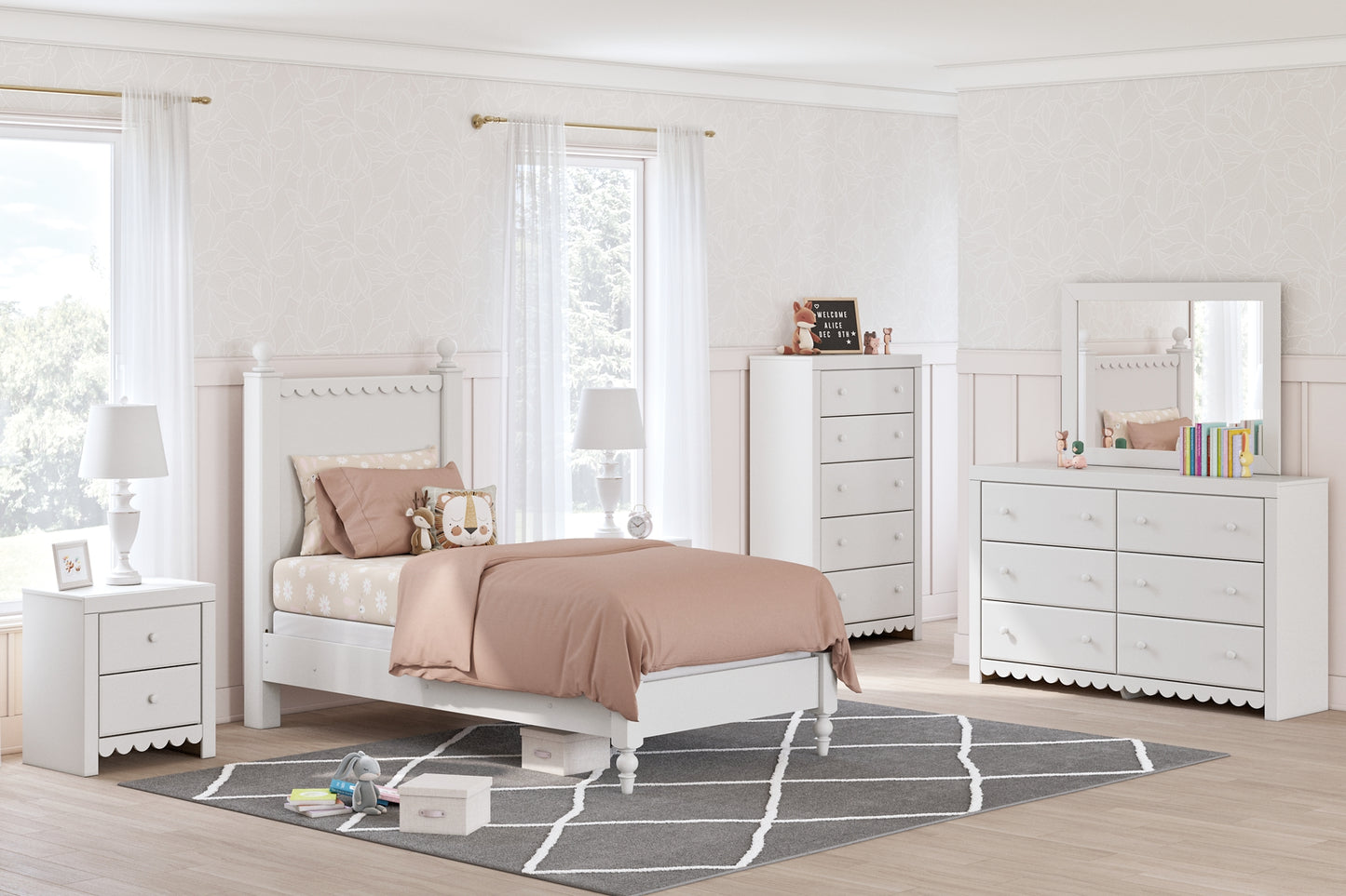 Mollviney Panel Bed With Mirrored Dresser And Nightstand