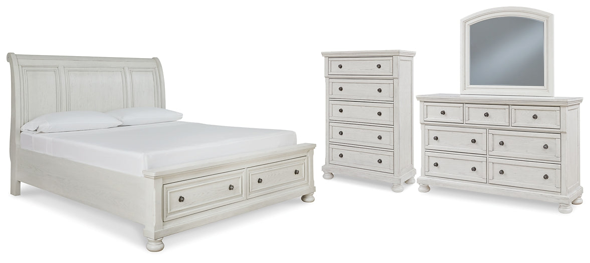 Cama tipo trineo Robbinsdale con espacio de almacenamiento, cómoda con espejo y arcón