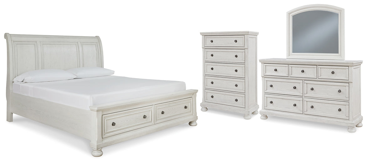 Cama tipo trineo Robbinsdale con espacio de almacenamiento, cómoda con espejo y arcón