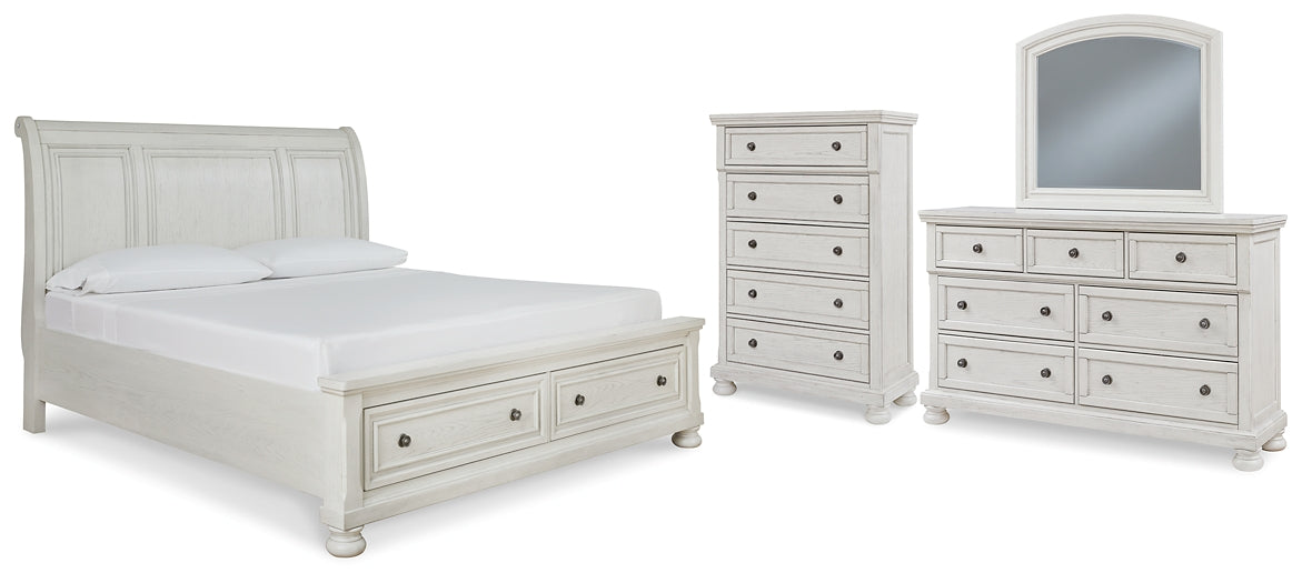 Cama tipo trineo Robbinsdale California con espacio de almacenamiento, cómoda con espejo y arcón
