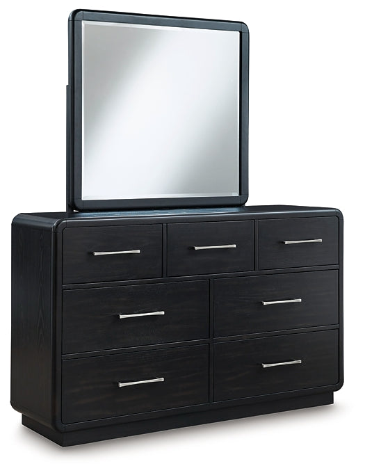 Cama tapizada Rowanbeck con tocador y cómoda con espejo