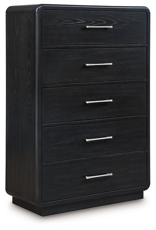 Cama tapizada Rowanbeck con tocador y cómoda con espejo