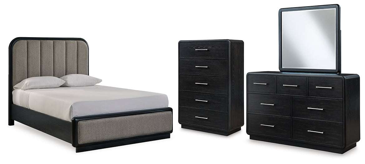 Cama tapizada Rowanbeck con tocador y cómoda con espejo