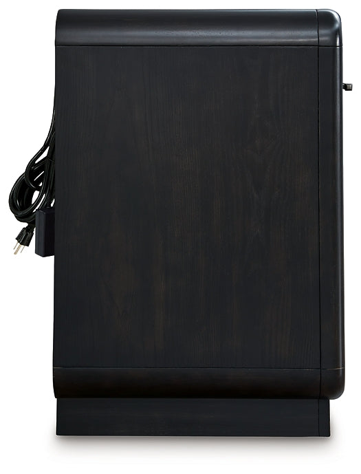 Cama tapizada Rowanbeck con tocador y mesita de noche con espejo