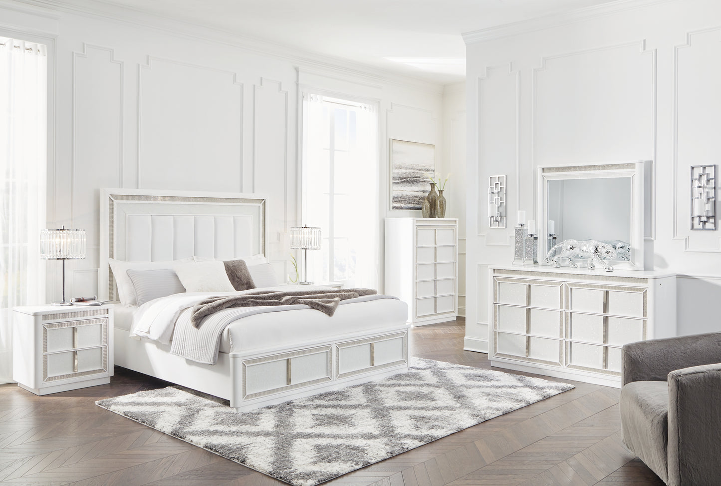 Cama tapizada Chalanna con almacenaje y tocador con espejo