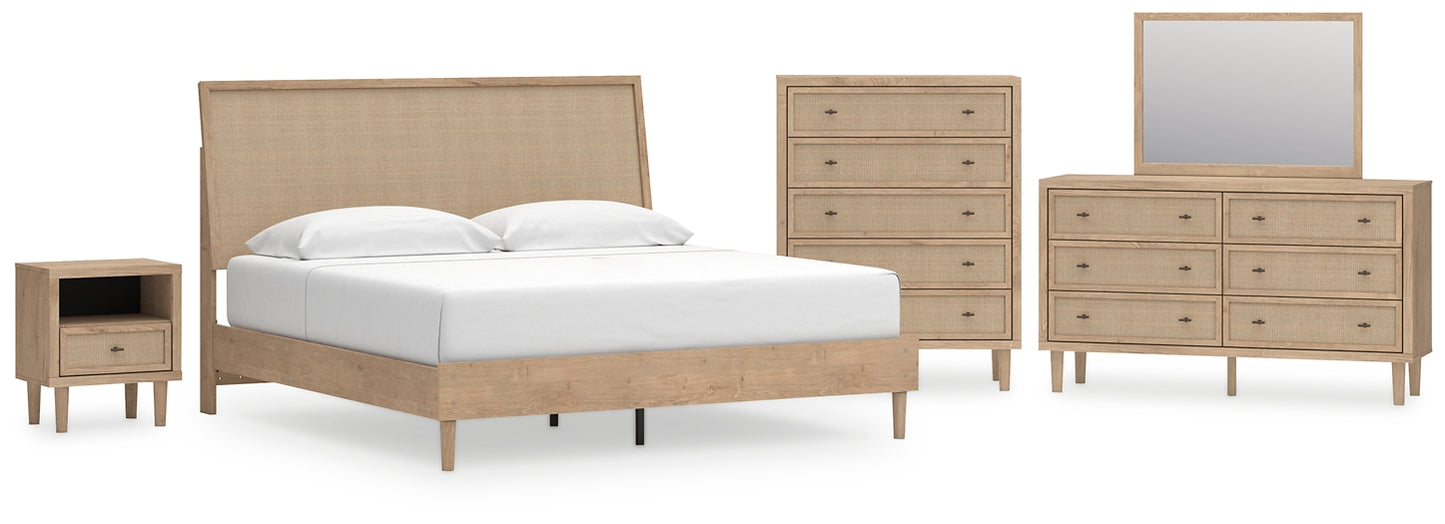Cama con paneles Cielden, cómoda con espejo y mesita de noche