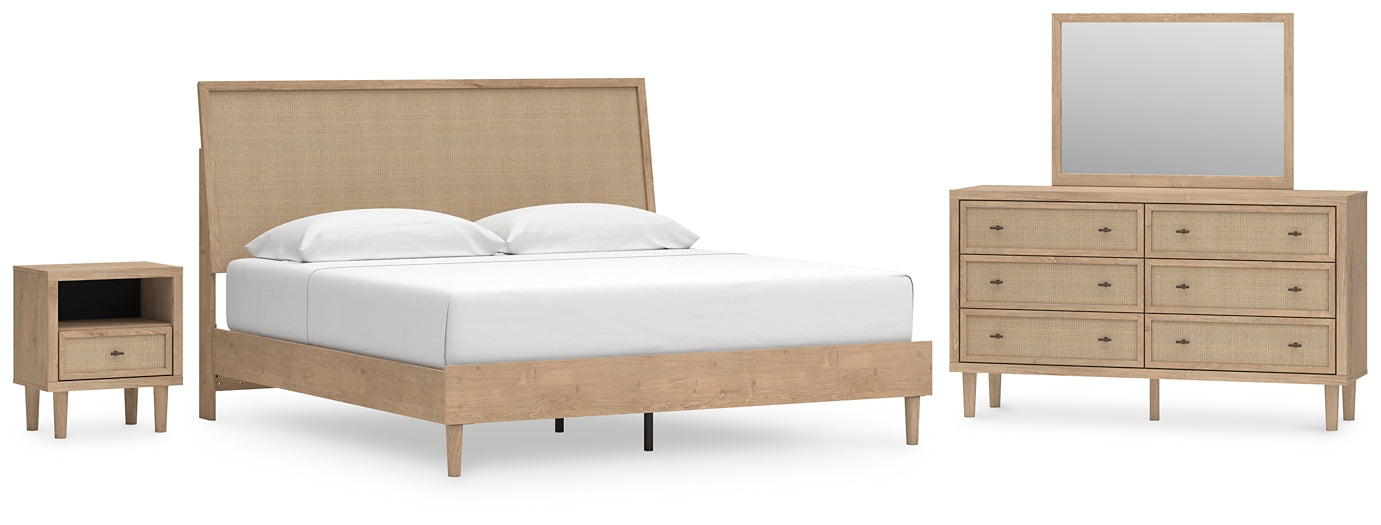 Cama con paneles Cielden, cómoda con espejo y mesita de noche