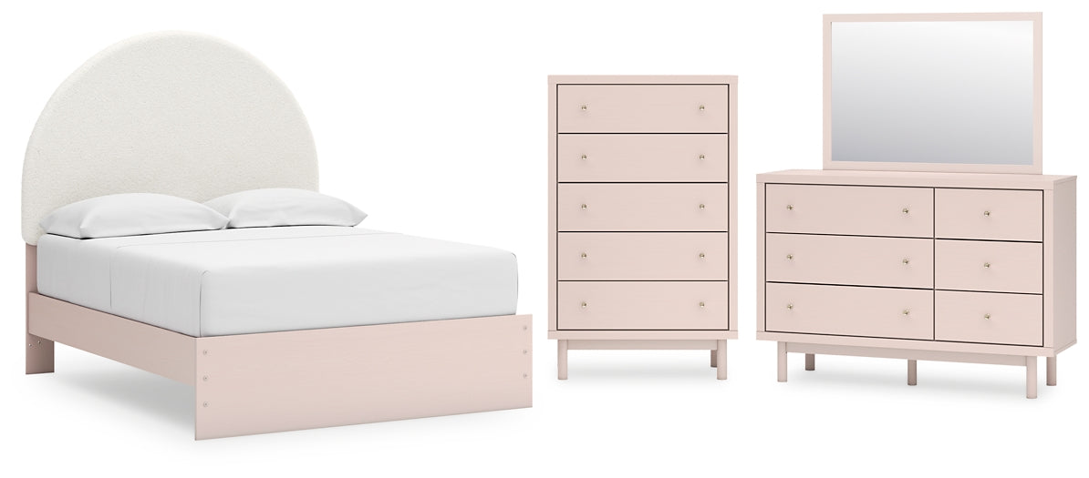 Cama tapizada Wistenpine con tocador y cómoda con espejo