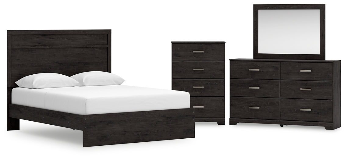 Cama con paneles Belachime, cómoda con espejo y arcón