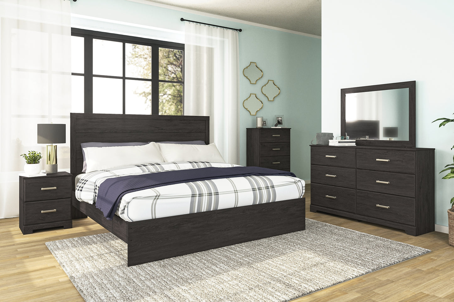Cama con paneles Belachime, cómoda con espejo y mesita de noche