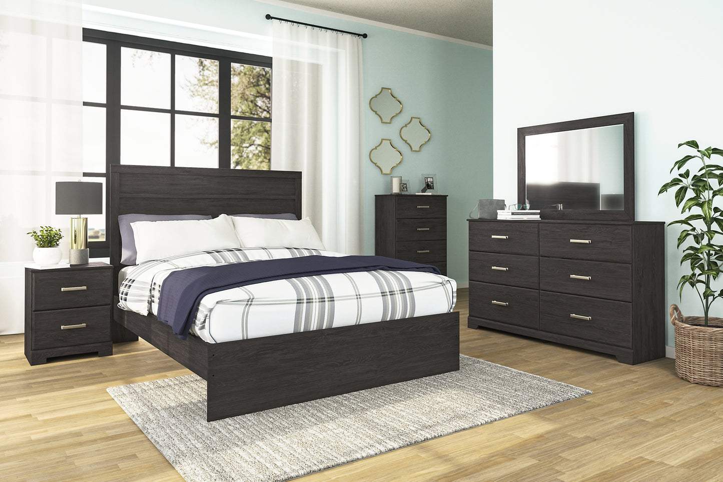 Cama con paneles Belachime, cómoda con espejo y arcón