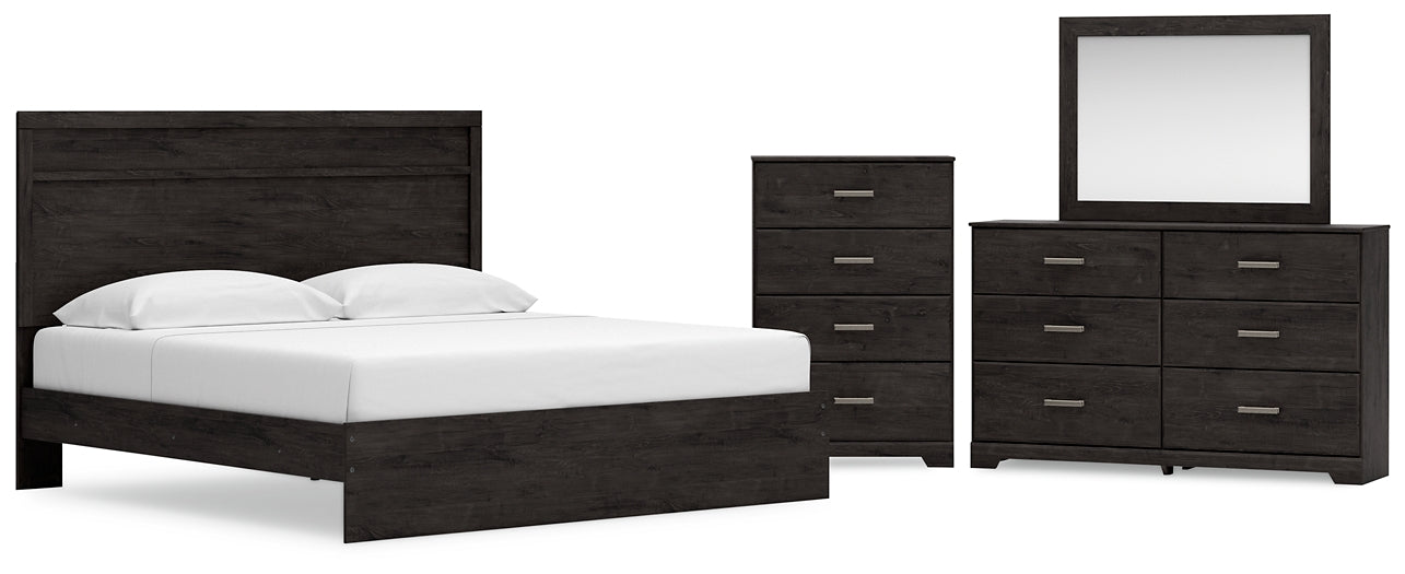 Cama con paneles Belachime, cómoda con espejo y arcón