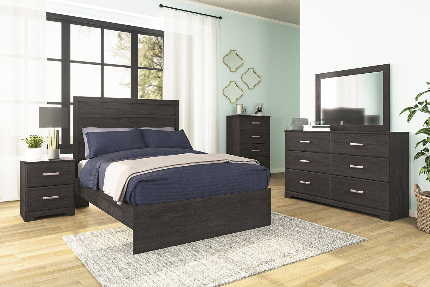 Belachime Panel Bed With Mirrored Dresser, Chest And 2 Nightstands