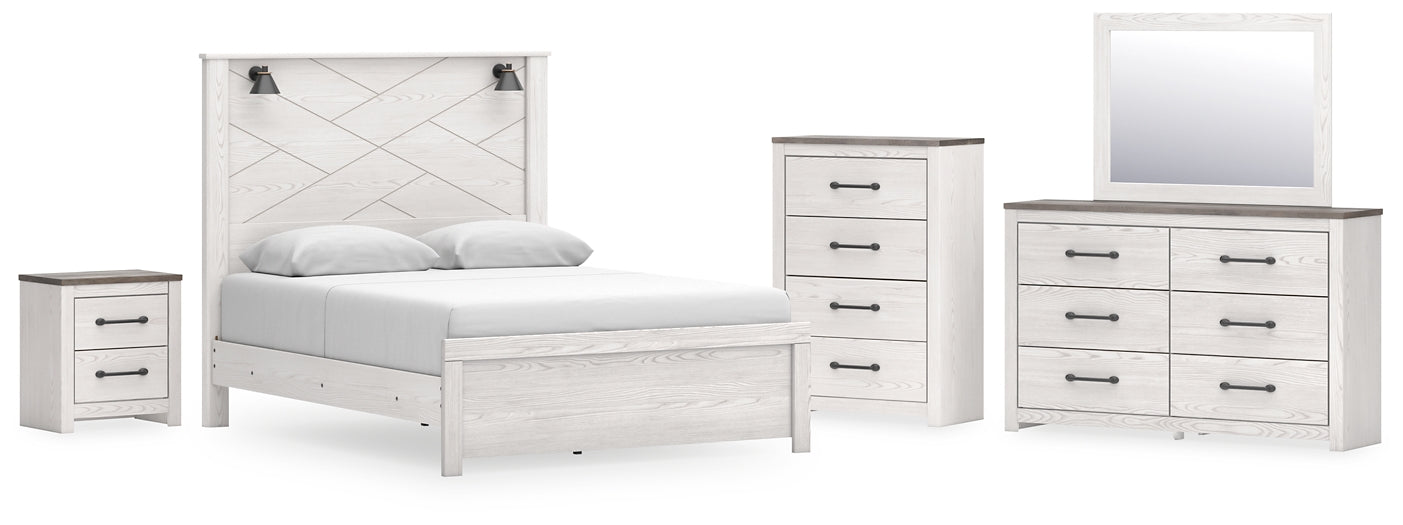 Cama Gerridan con paneles, cómoda con espejo y mesita de noche