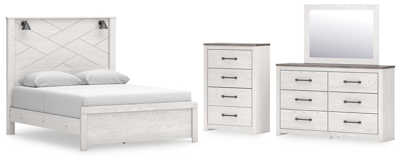 Cama con paneles Gerridan, cómoda con espejo y arcón