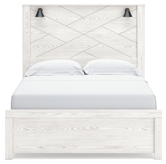 Cama con paneles Gerridan, cómoda con espejo y arcón