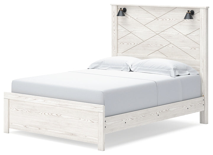 Cama con paneles Gerridan, cómoda con espejo y arcón