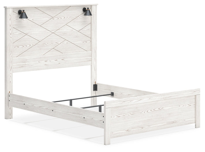 Cama con paneles Gerridan, cómoda con espejo y arcón