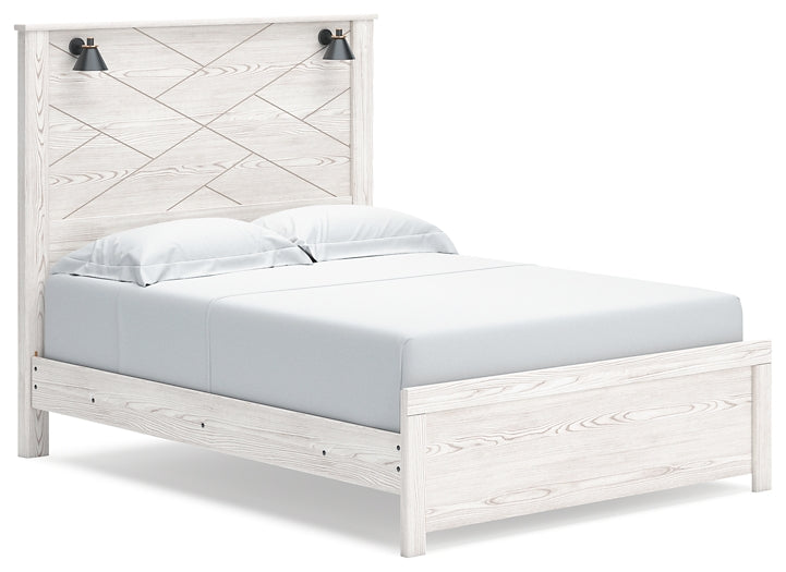 Cama con paneles Gerridan, cómoda con espejo y arcón