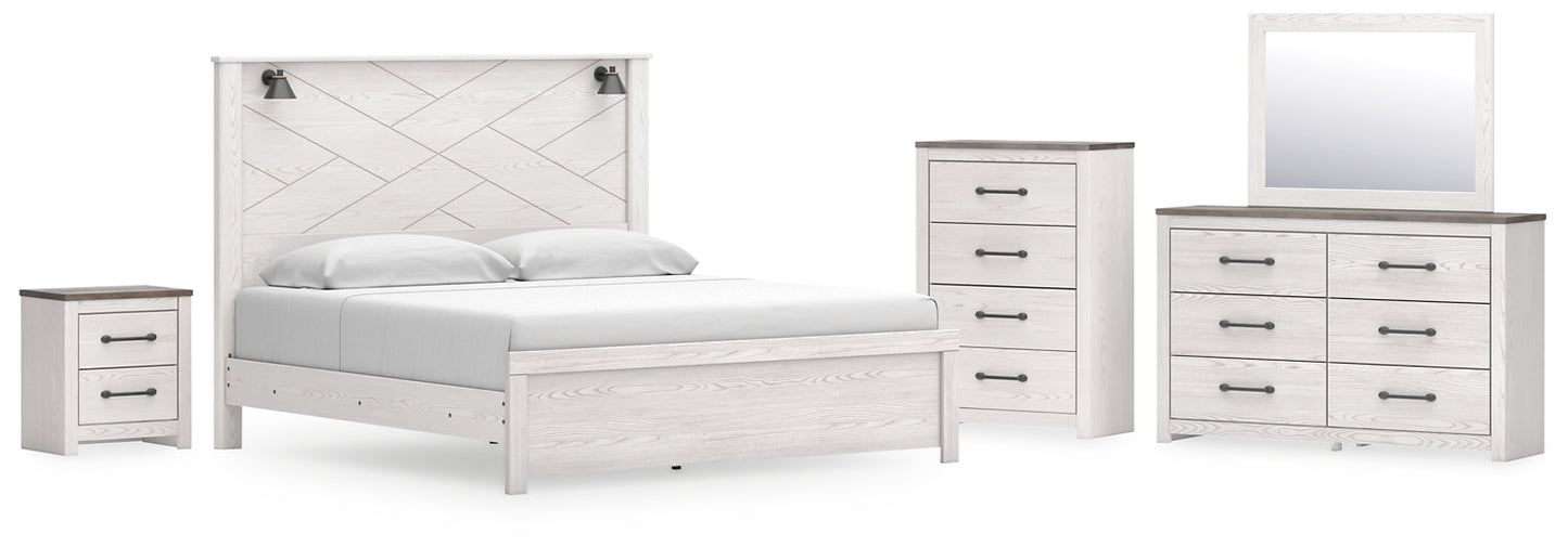 Cama Gerridan con paneles, cómoda con espejo y mesita de noche
